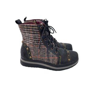 LArtiste Spring Step Rehja Tweed Lace Up Boots Size 37 Round Toe Studded Leather